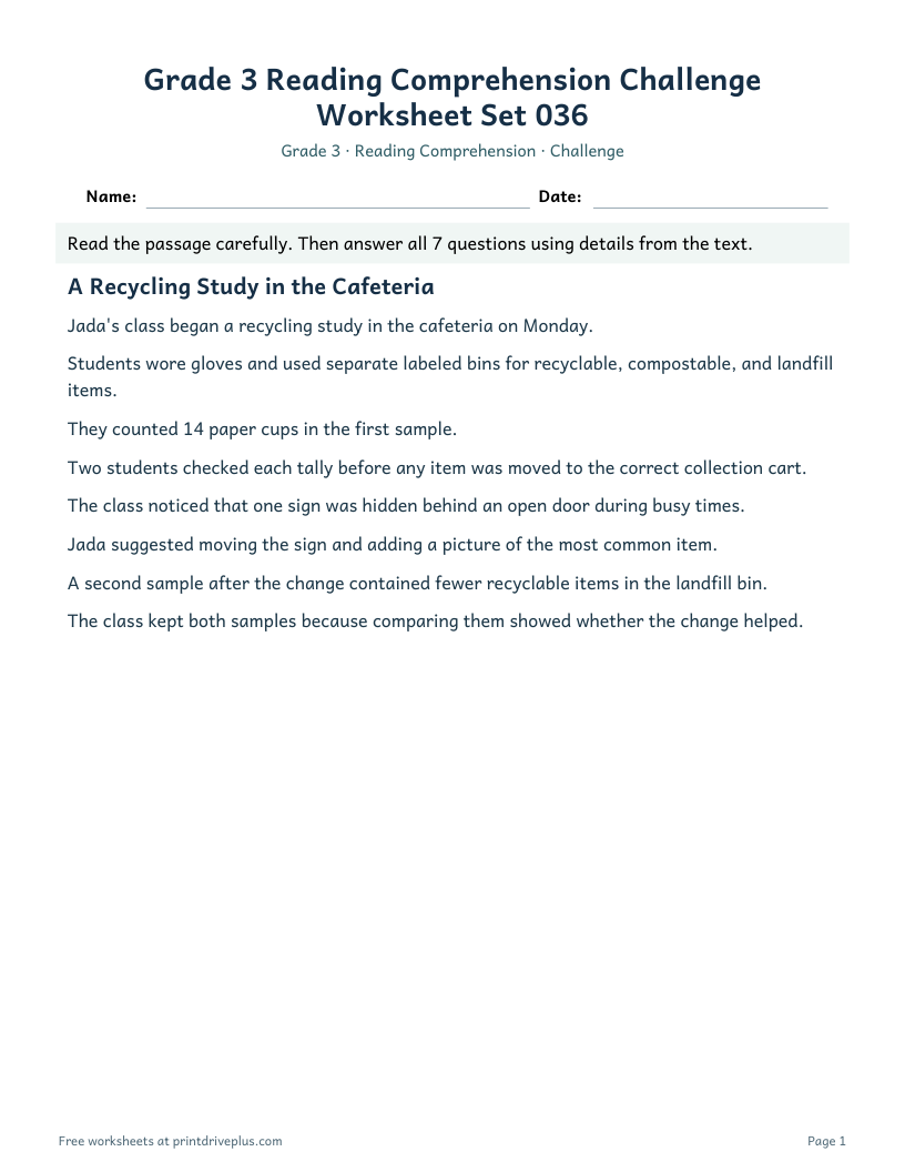 Preview of Grade 3 Reading Comprehension Challenge Worksheet Set 036