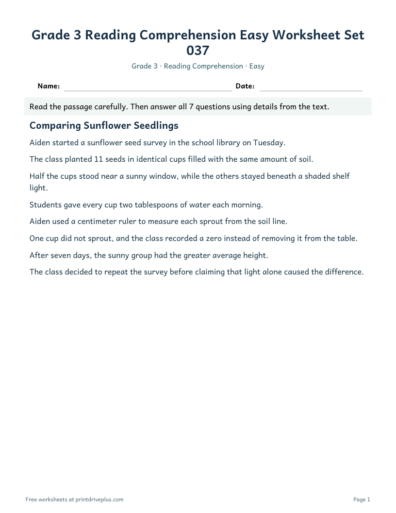Preview of Grade 3 Reading Comprehension Easy Worksheet Set 037