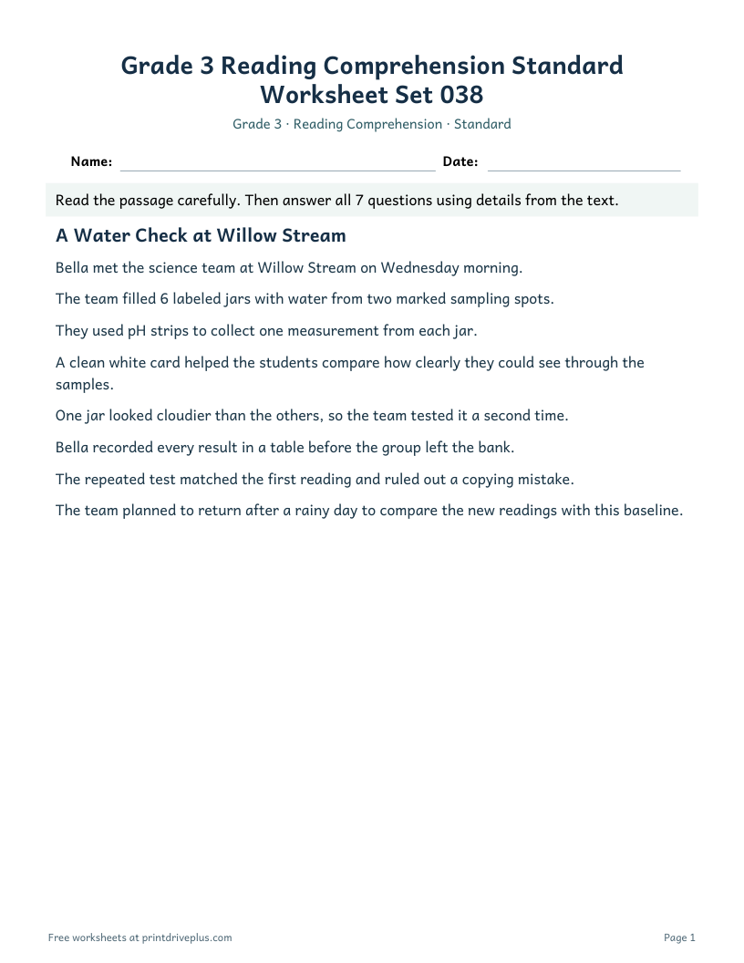 Preview of Grade 3 Reading Comprehension Standard Worksheet Set 038