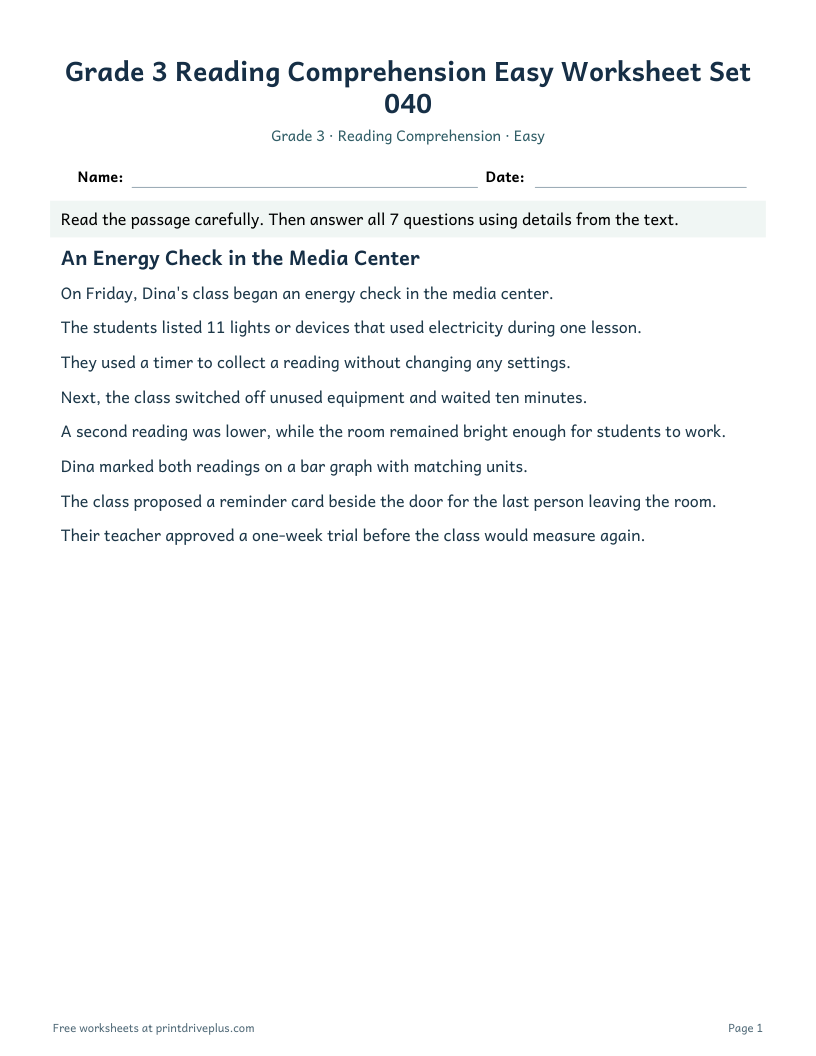 Preview of Grade 3 Reading Comprehension Easy Worksheet Set 040