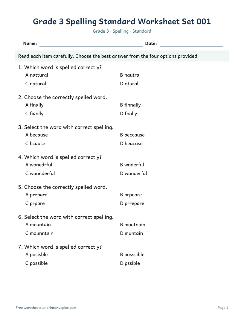Preview of Grade 3 Spelling Standard Worksheet Set 001