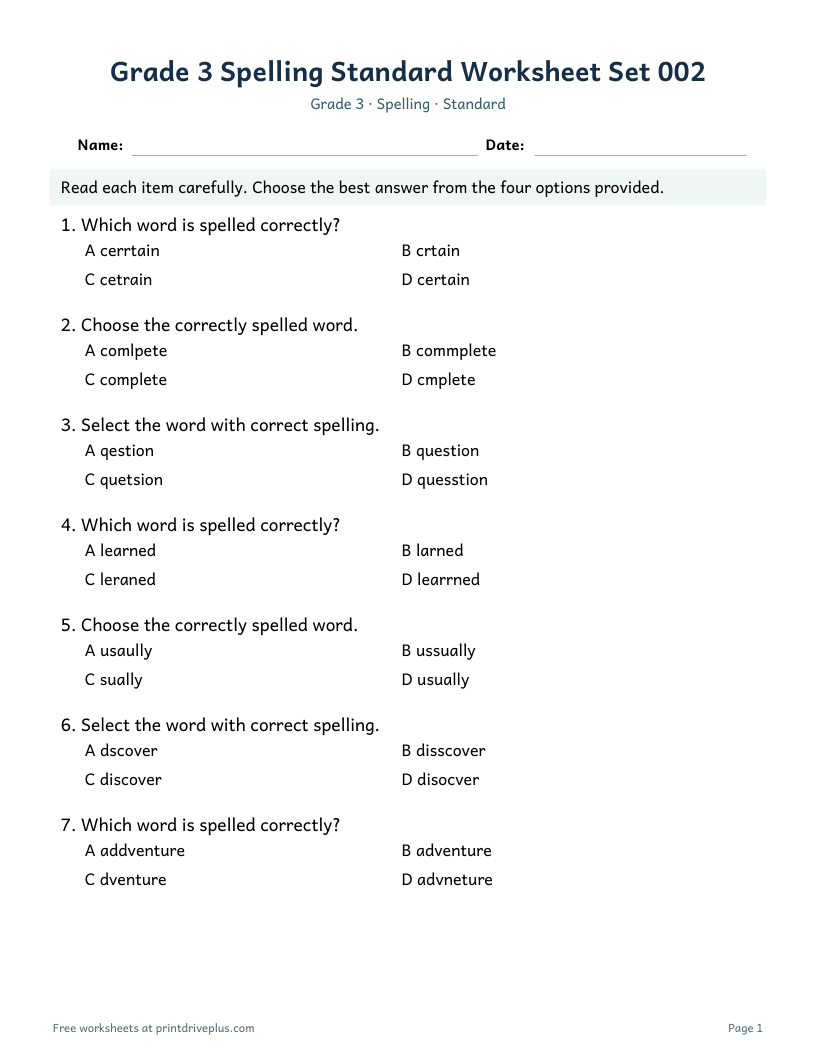 Preview of Grade 3 Spelling Standard Worksheet Set 002