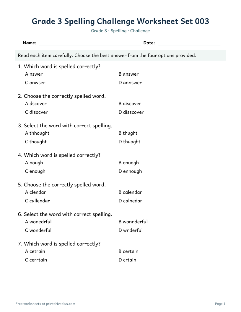 Preview of Grade 3 Spelling Challenge Worksheet Set 003