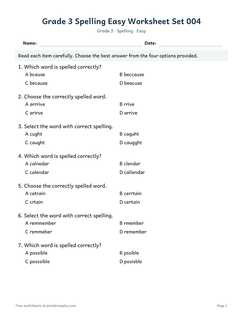 Preview of Grade 3 Spelling Easy Worksheet Set 004