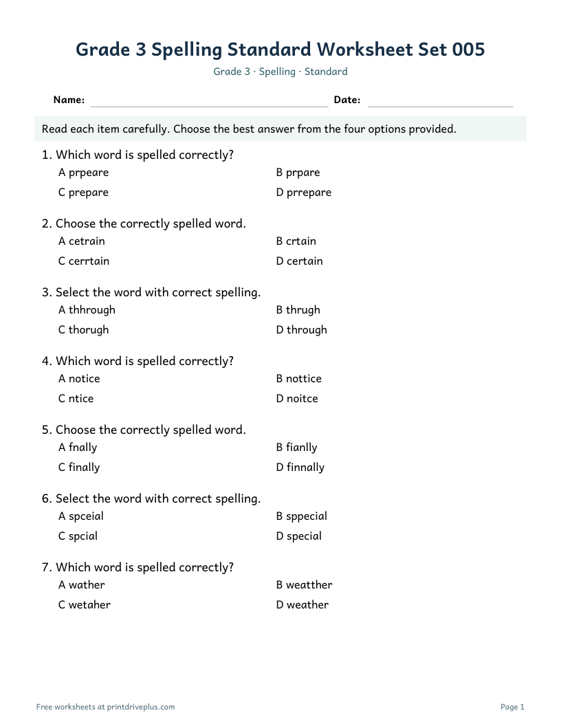 Preview of Grade 3 Spelling Standard Worksheet Set 005