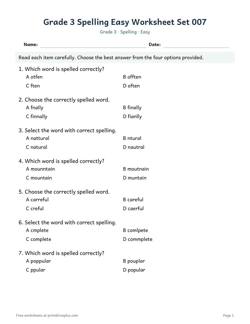 Preview of Grade 3 Spelling Easy Worksheet Set 007