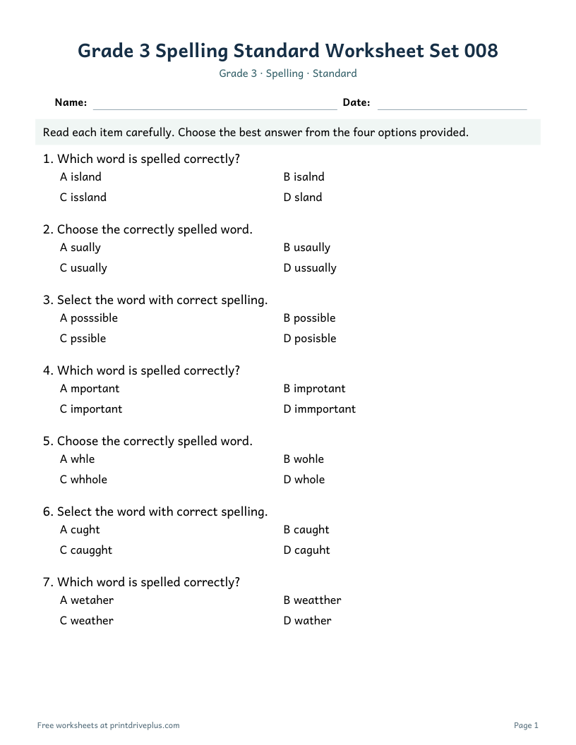 Preview of Grade 3 Spelling Standard Worksheet Set 008