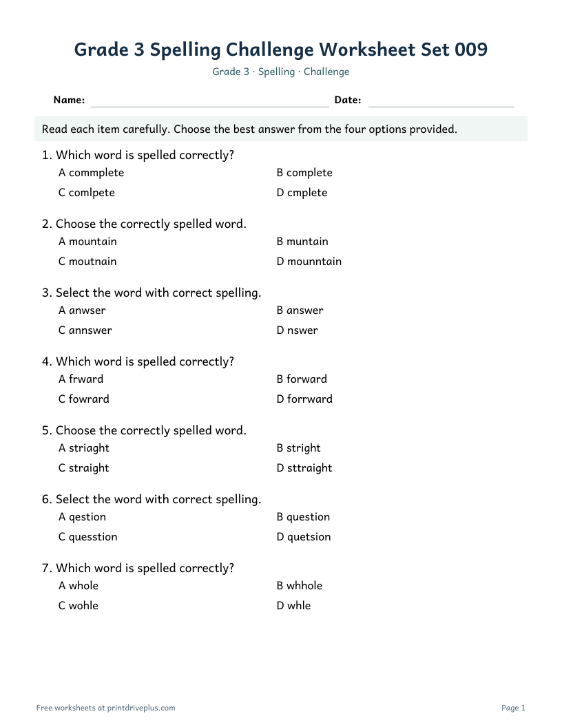 Preview of Grade 3 Spelling Challenge Worksheet Set 009