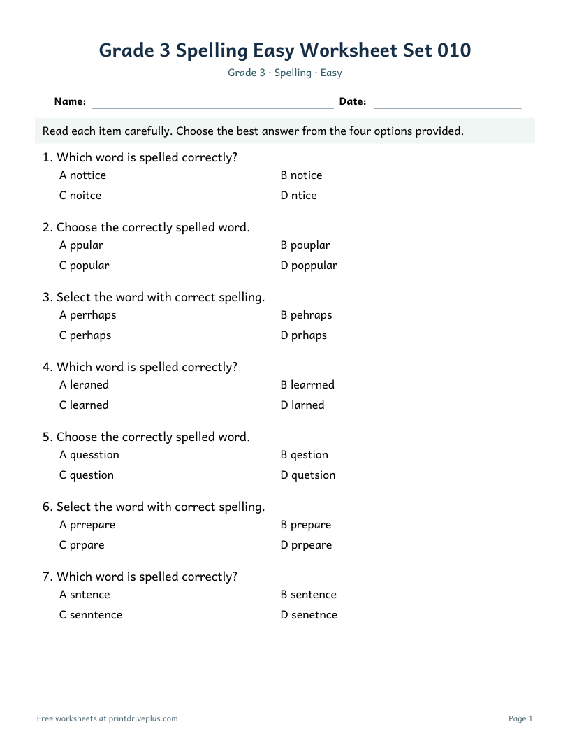 Preview of Grade 3 Spelling Easy Worksheet Set 010