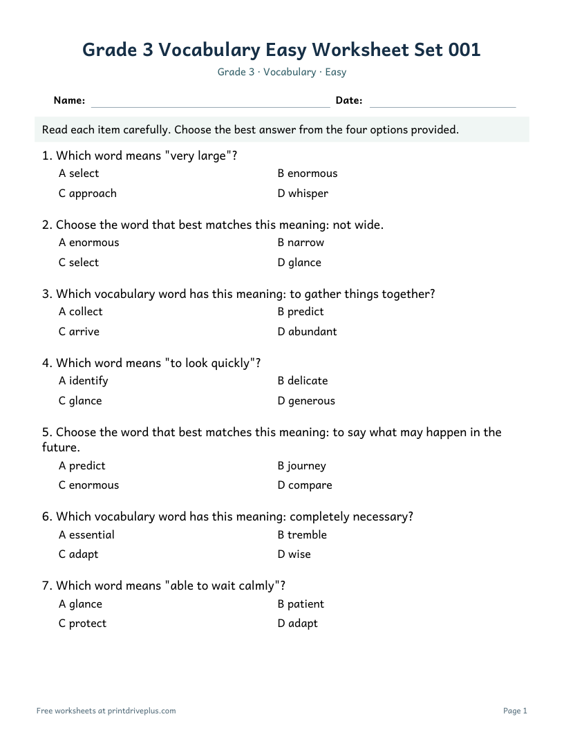 Preview of Grade 3 Vocabulary Easy Worksheet Set 001