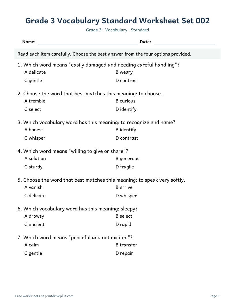Preview of Grade 3 Vocabulary Standard Worksheet Set 002