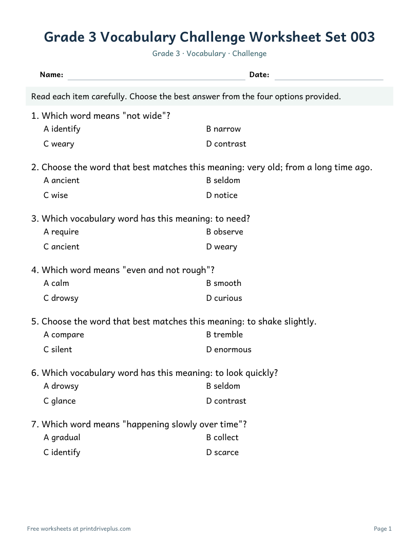 Preview of Grade 3 Vocabulary Challenge Worksheet Set 003