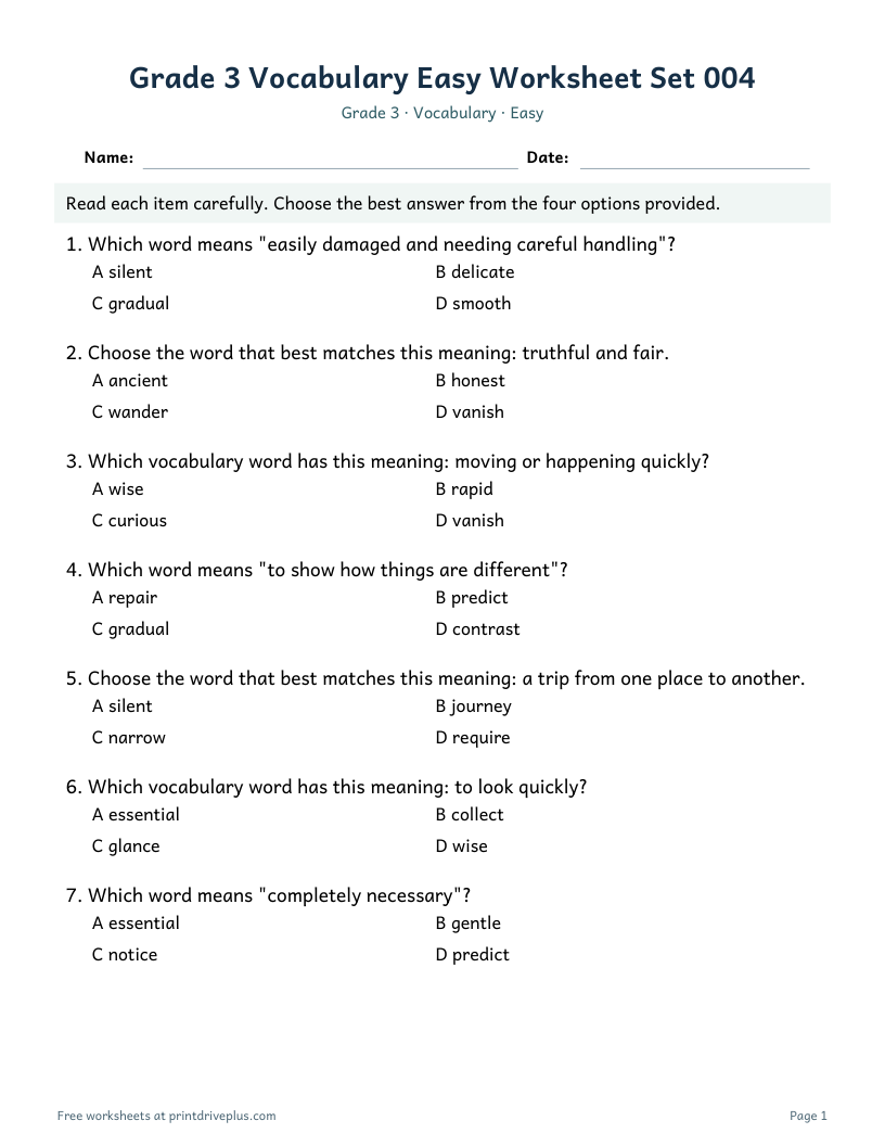 Preview of Grade 3 Vocabulary Easy Worksheet Set 004