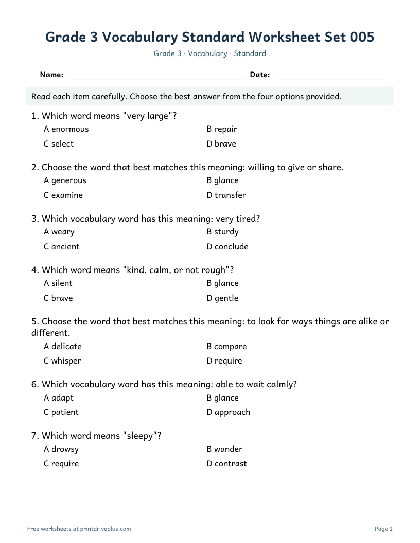 Preview of Grade 3 Vocabulary Standard Worksheet Set 005