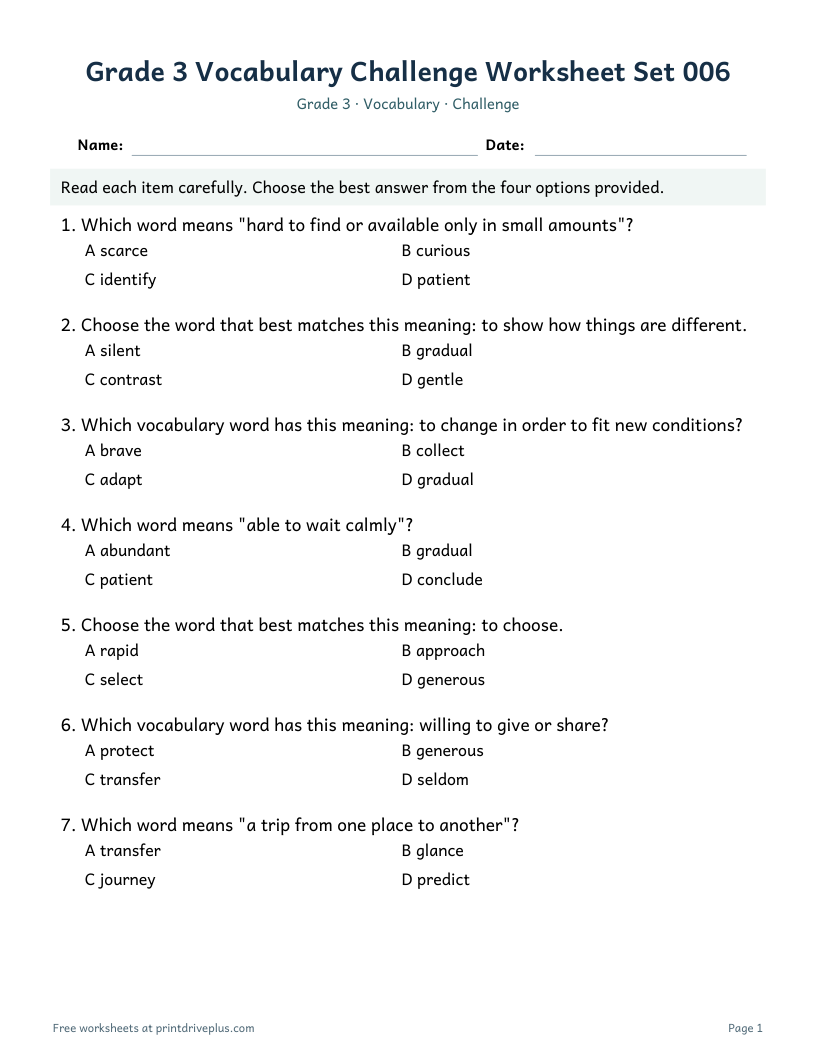 Preview of Grade 3 Vocabulary Challenge Worksheet Set 006