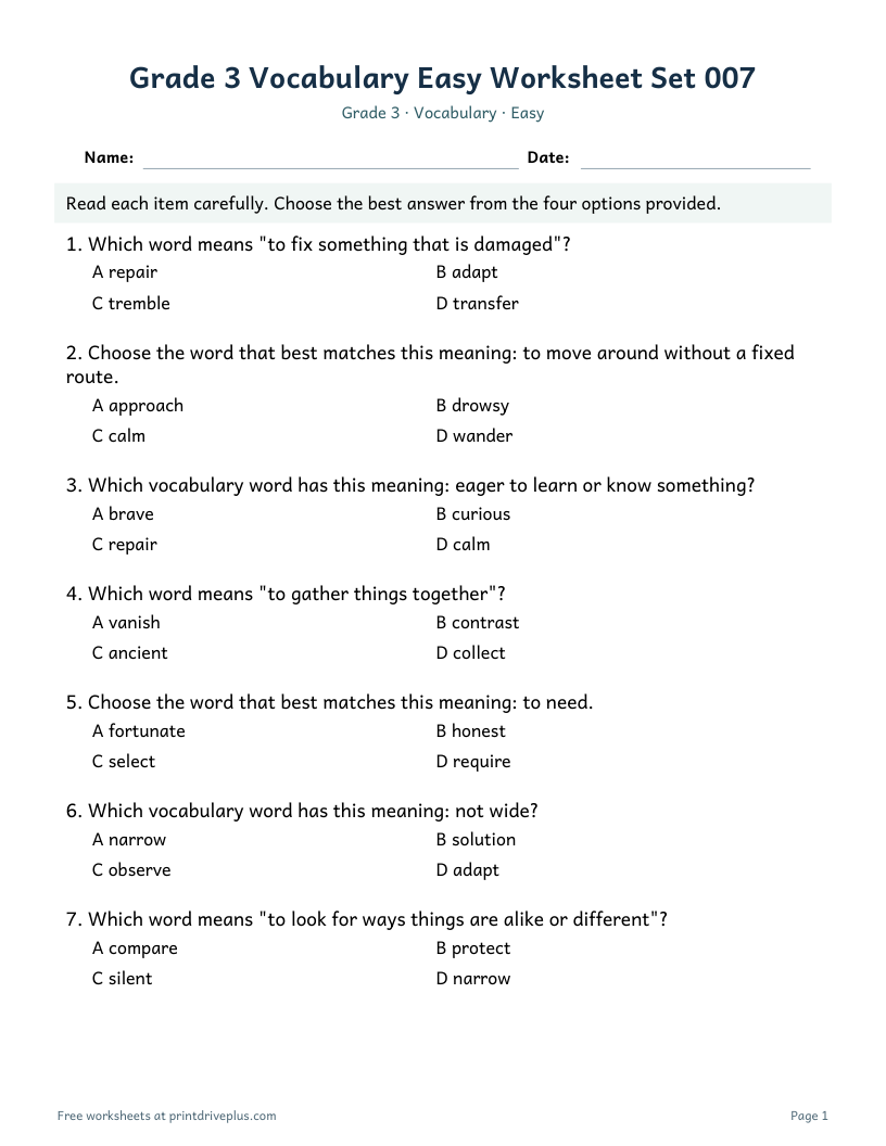 Preview of Grade 3 Vocabulary Easy Worksheet Set 007