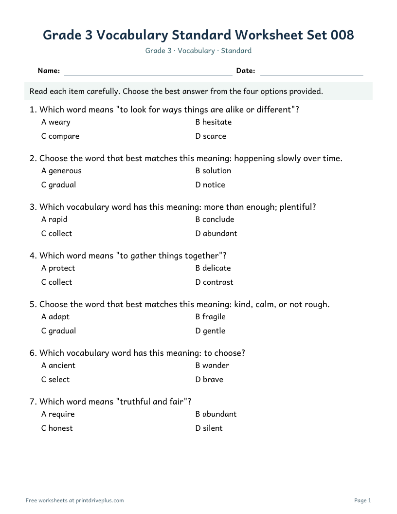 Preview of Grade 3 Vocabulary Standard Worksheet Set 008