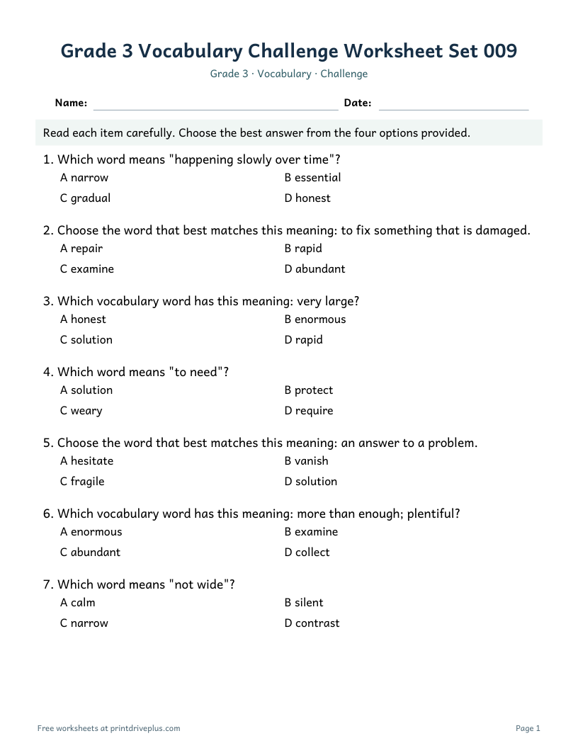 Preview of Grade 3 Vocabulary Challenge Worksheet Set 009