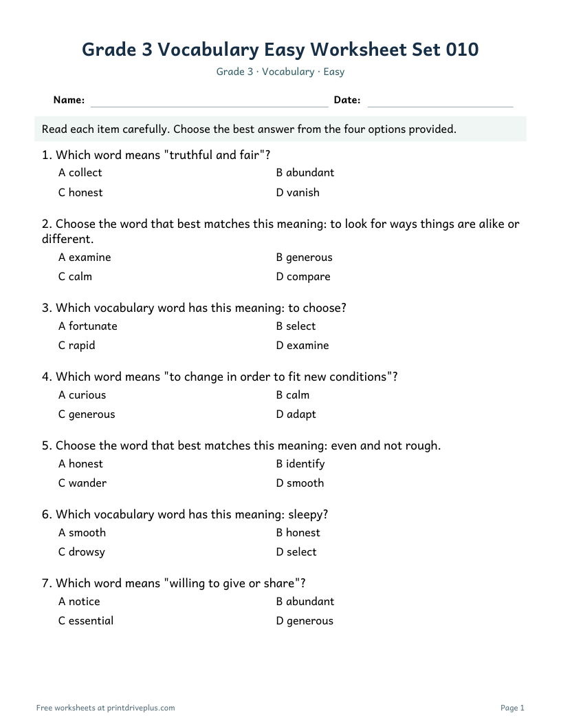 Preview of Grade 3 Vocabulary Easy Worksheet Set 010