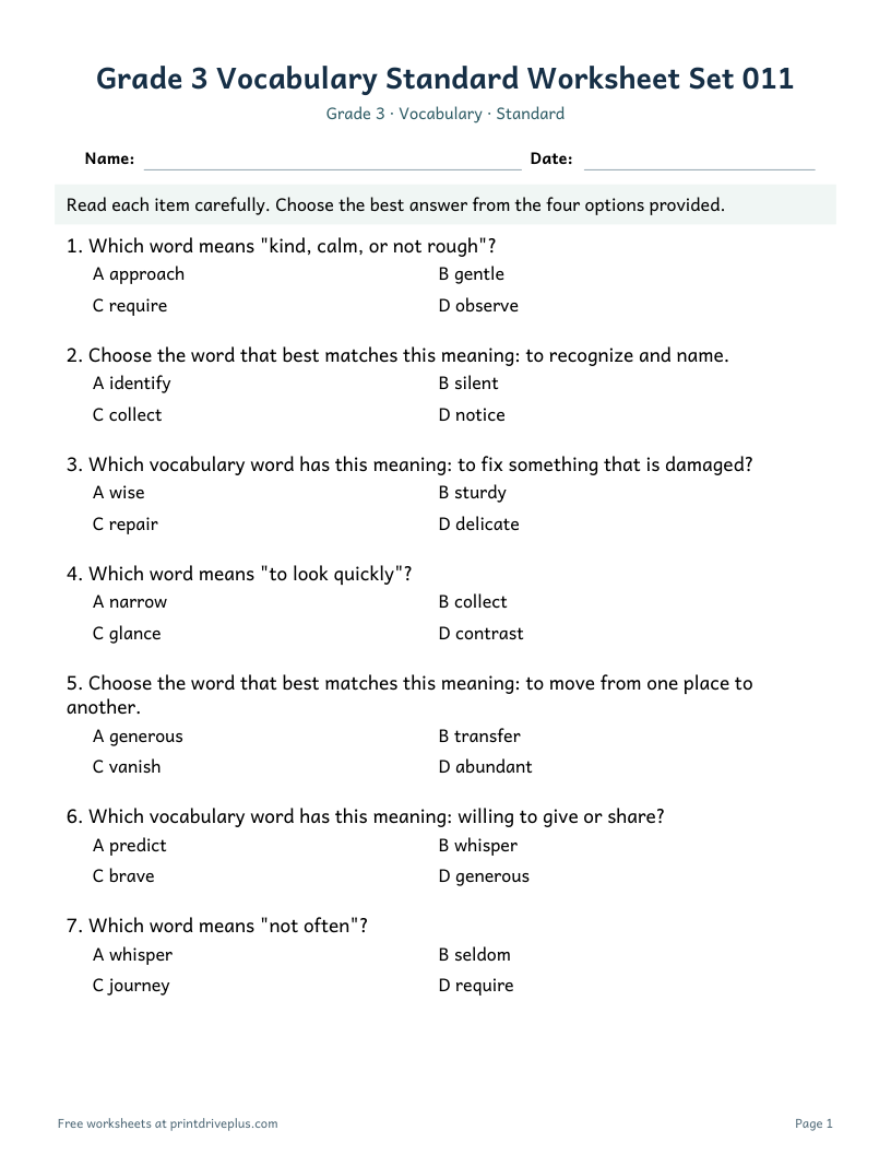 Preview of Grade 3 Vocabulary Standard Worksheet Set 011