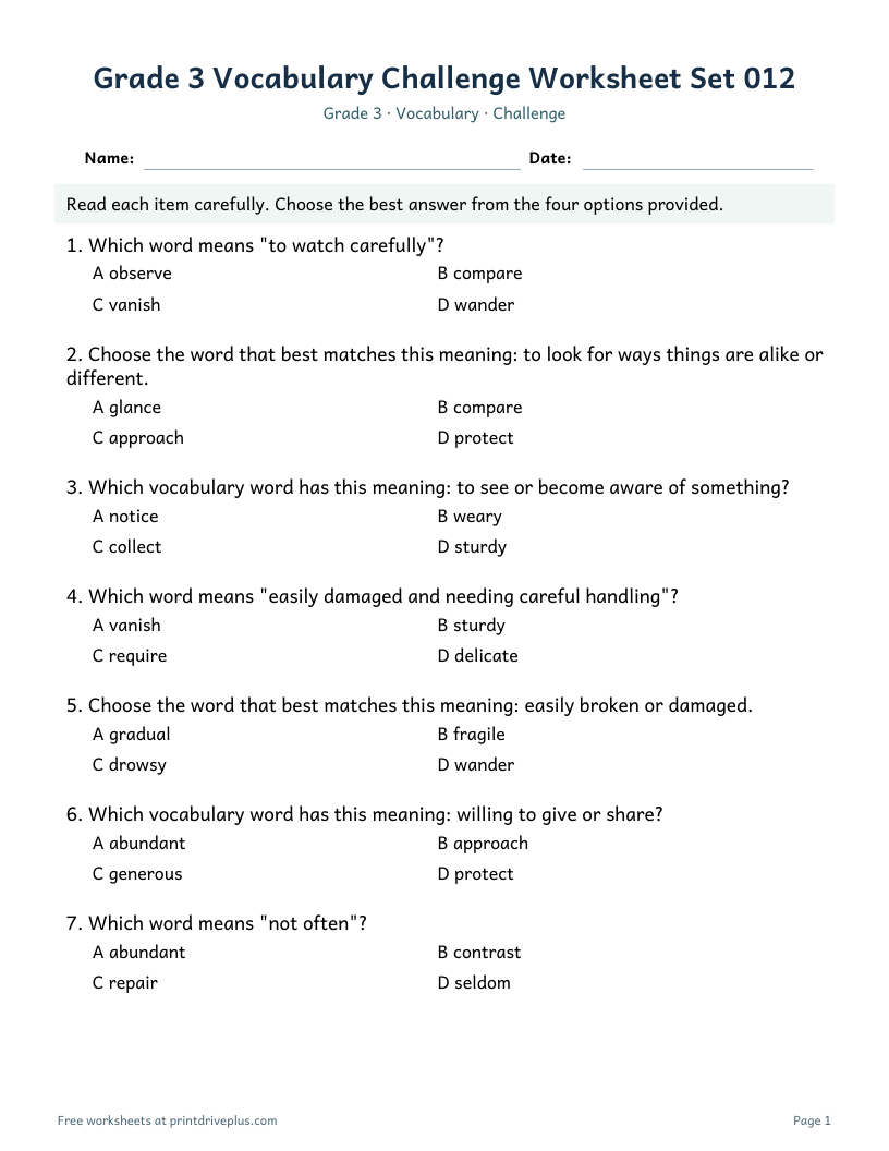Preview of Grade 3 Vocabulary Challenge Worksheet Set 012