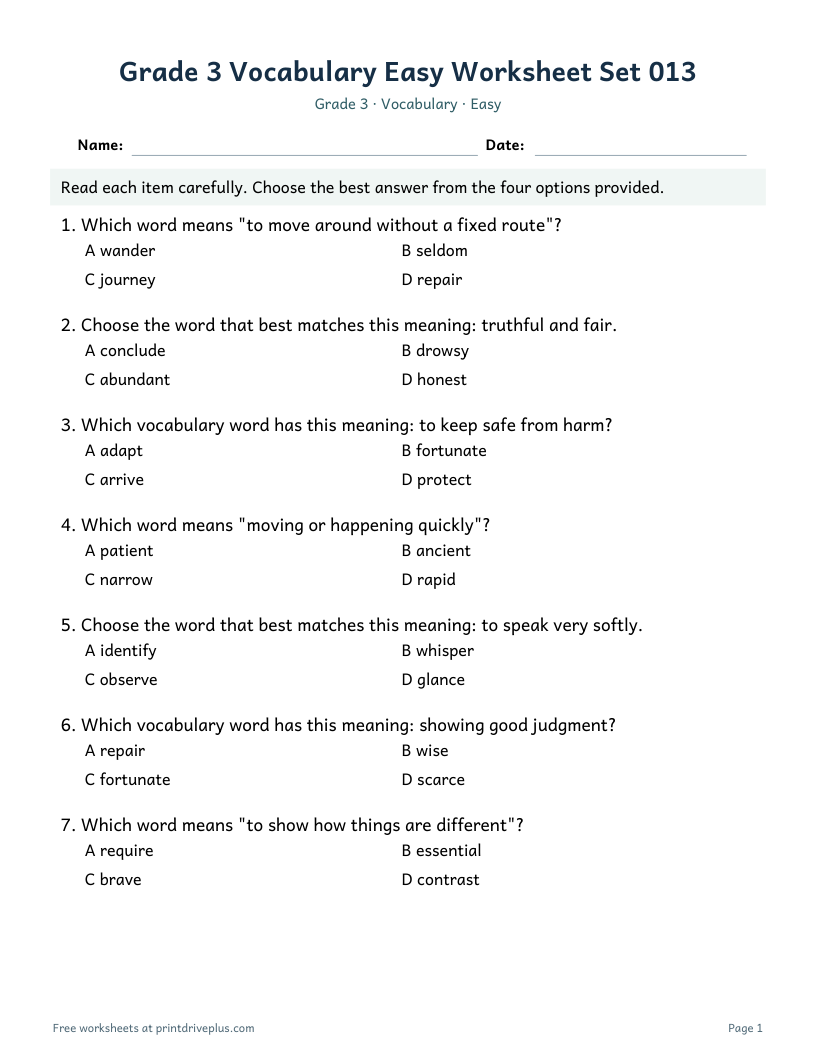 Preview of Grade 3 Vocabulary Easy Worksheet Set 013