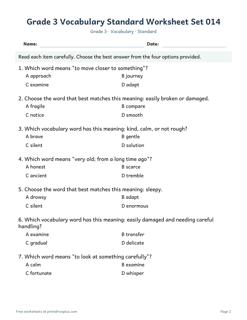Preview of Grade 3 Vocabulary Standard Worksheet Set 014