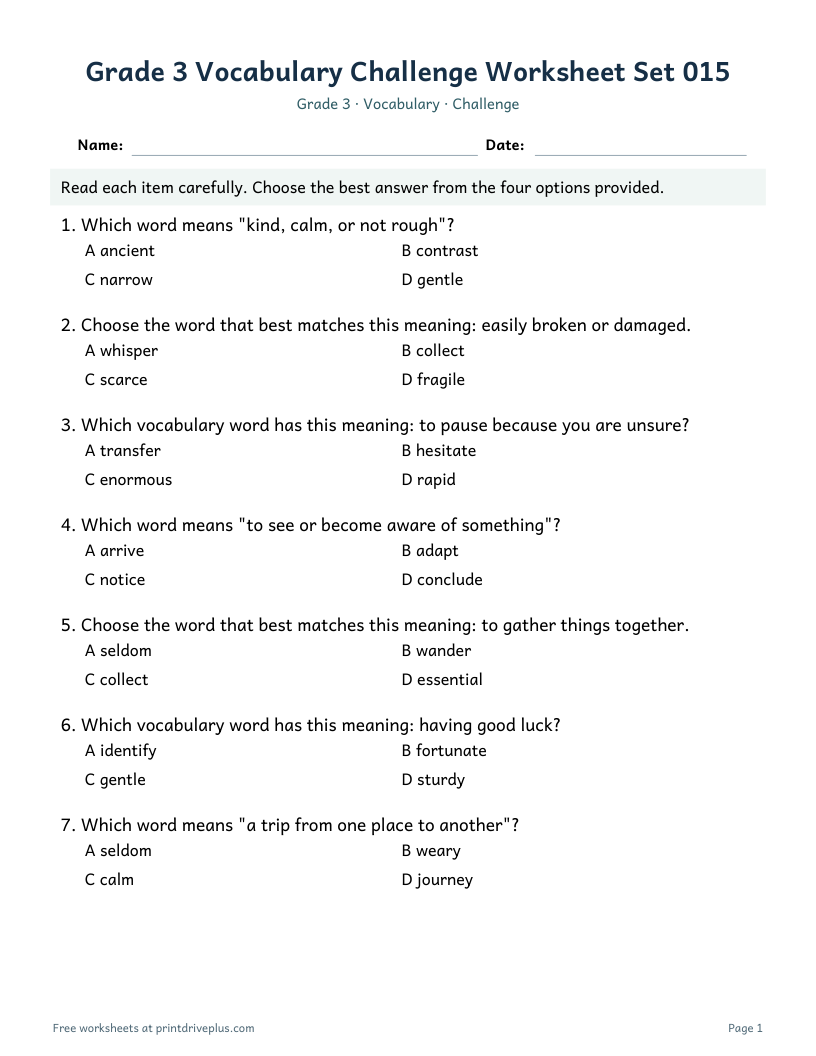 Preview of Grade 3 Vocabulary Challenge Worksheet Set 015