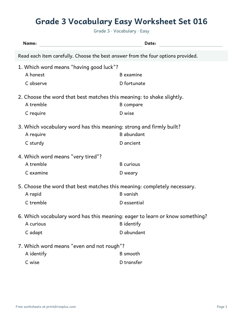 Preview of Grade 3 Vocabulary Easy Worksheet Set 016
