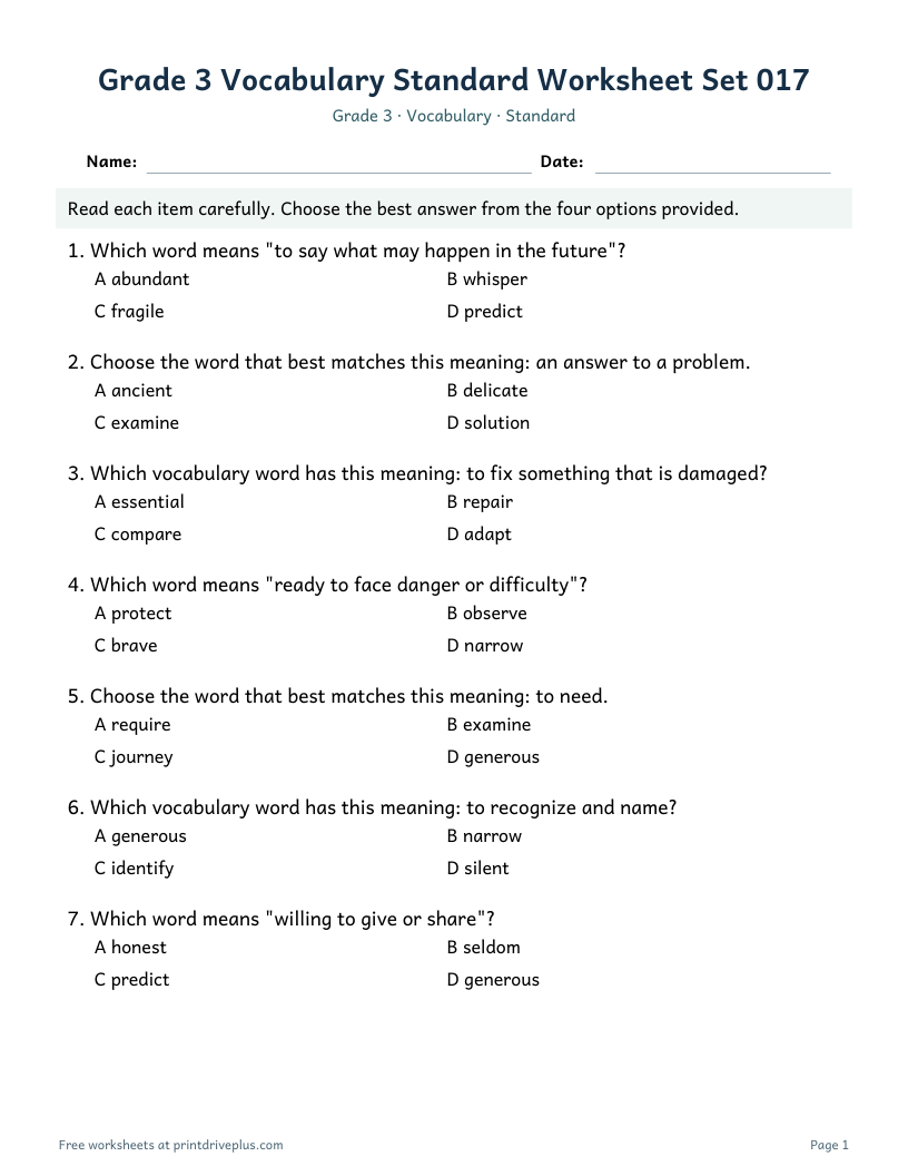 Preview of Grade 3 Vocabulary Standard Worksheet Set 017