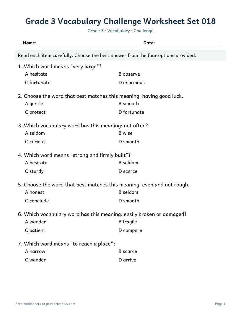 Preview of Grade 3 Vocabulary Challenge Worksheet Set 018