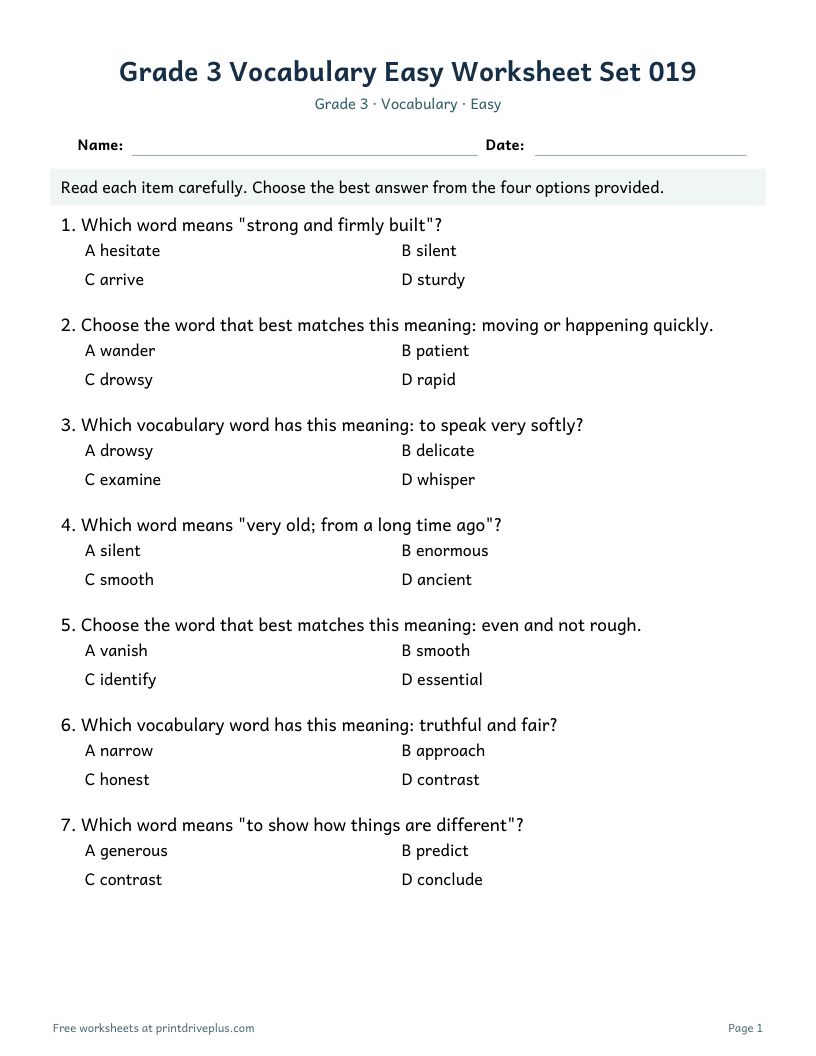 Preview of Grade 3 Vocabulary Easy Worksheet Set 019