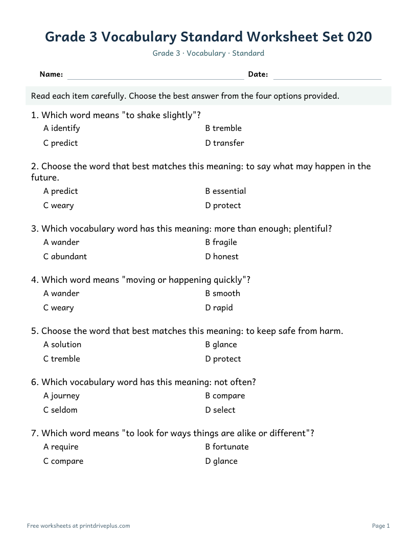 Preview of Grade 3 Vocabulary Standard Worksheet Set 020