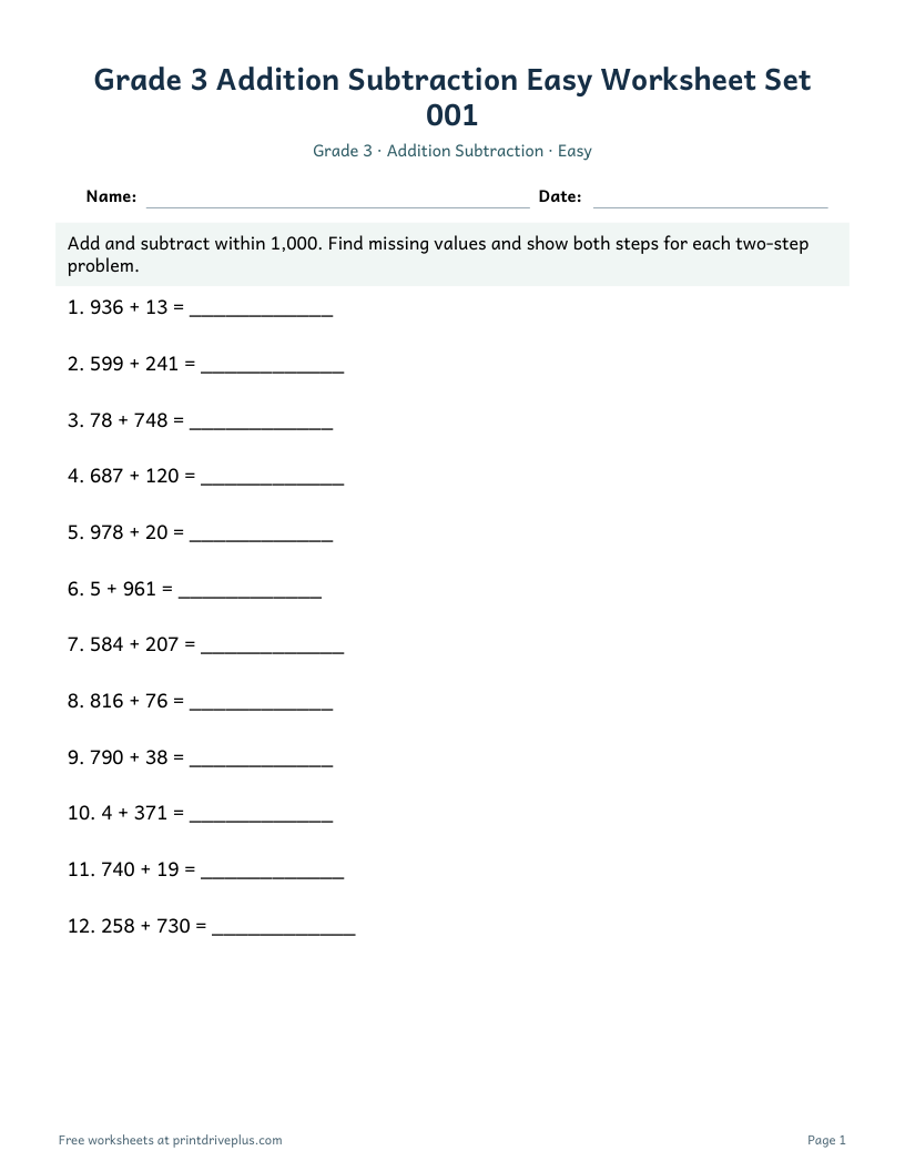 Preview of Grade 3 Addition Subtraction Easy Worksheet Set 001