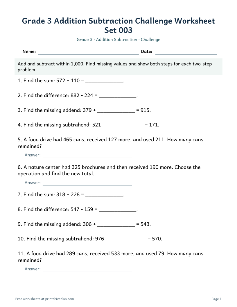 Preview of Grade 3 Addition Subtraction Challenge Worksheet Set 003