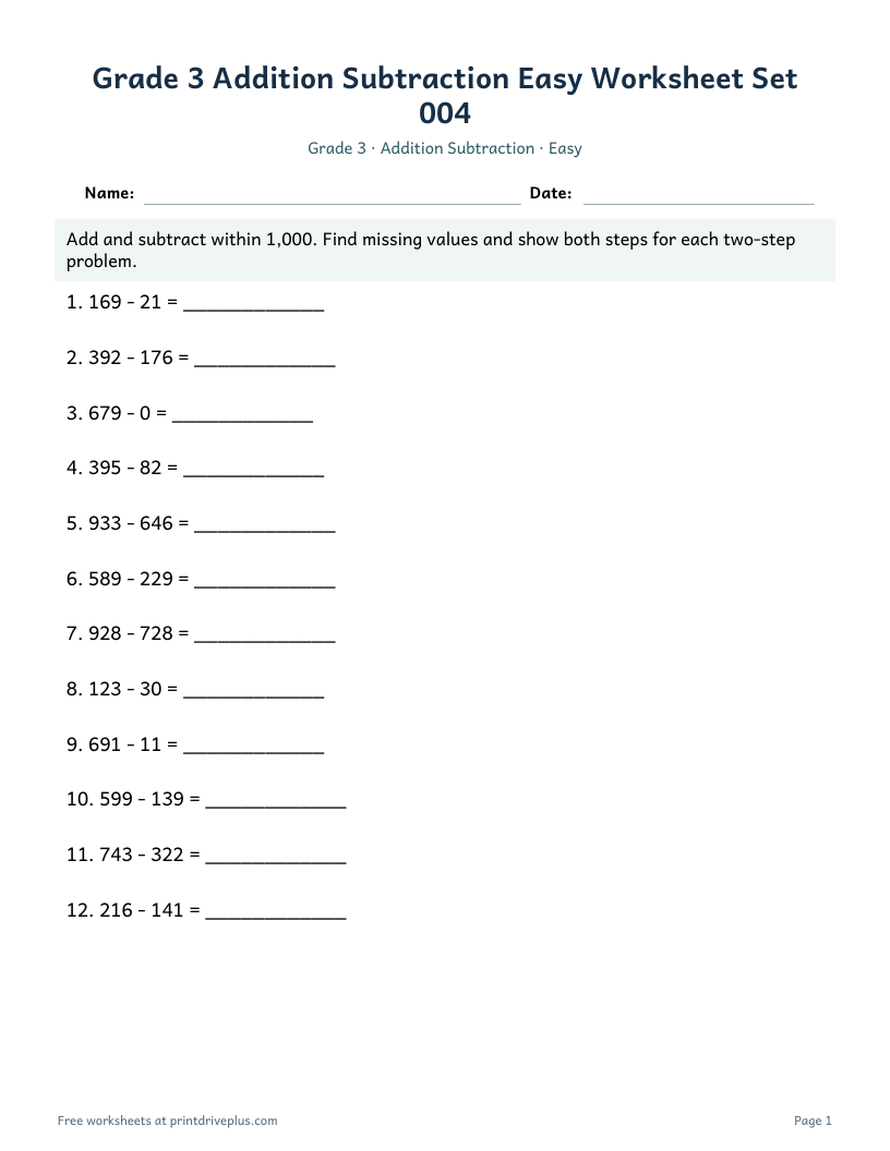 Preview of Grade 3 Addition Subtraction Easy Worksheet Set 004