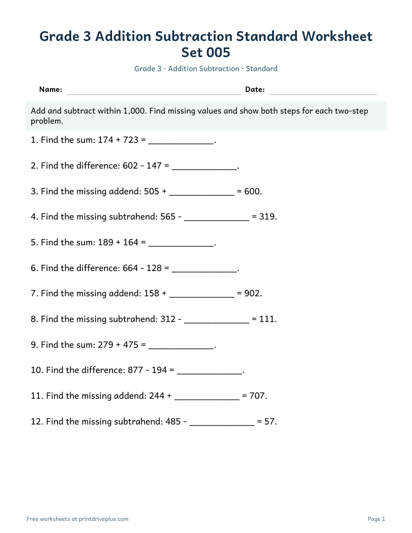 Preview of Grade 3 Addition Subtraction Standard Worksheet Set 005