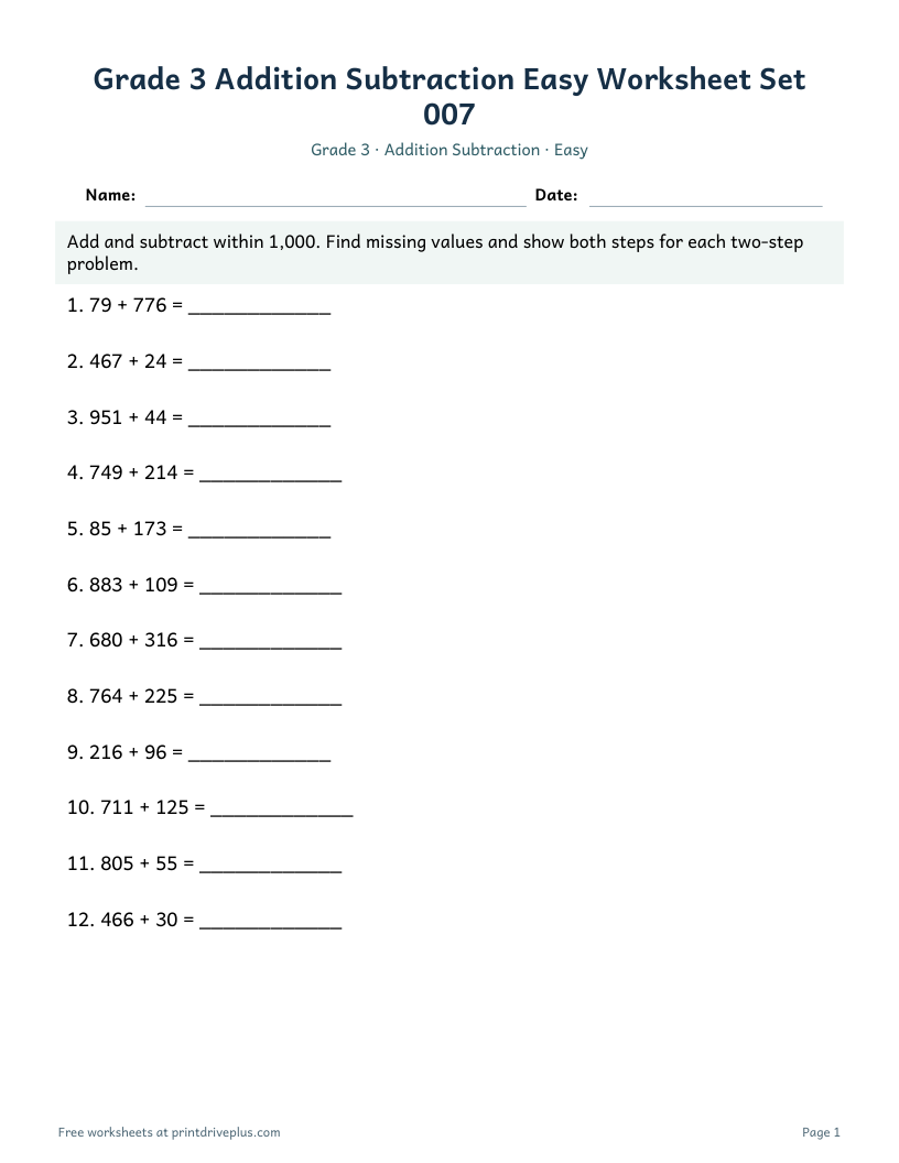 Preview of Grade 3 Addition Subtraction Easy Worksheet Set 007