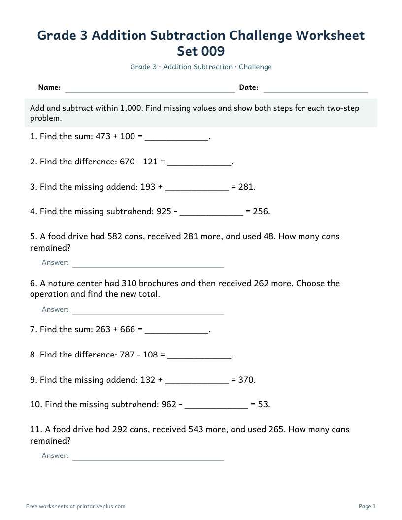 Preview of Grade 3 Addition Subtraction Challenge Worksheet Set 009