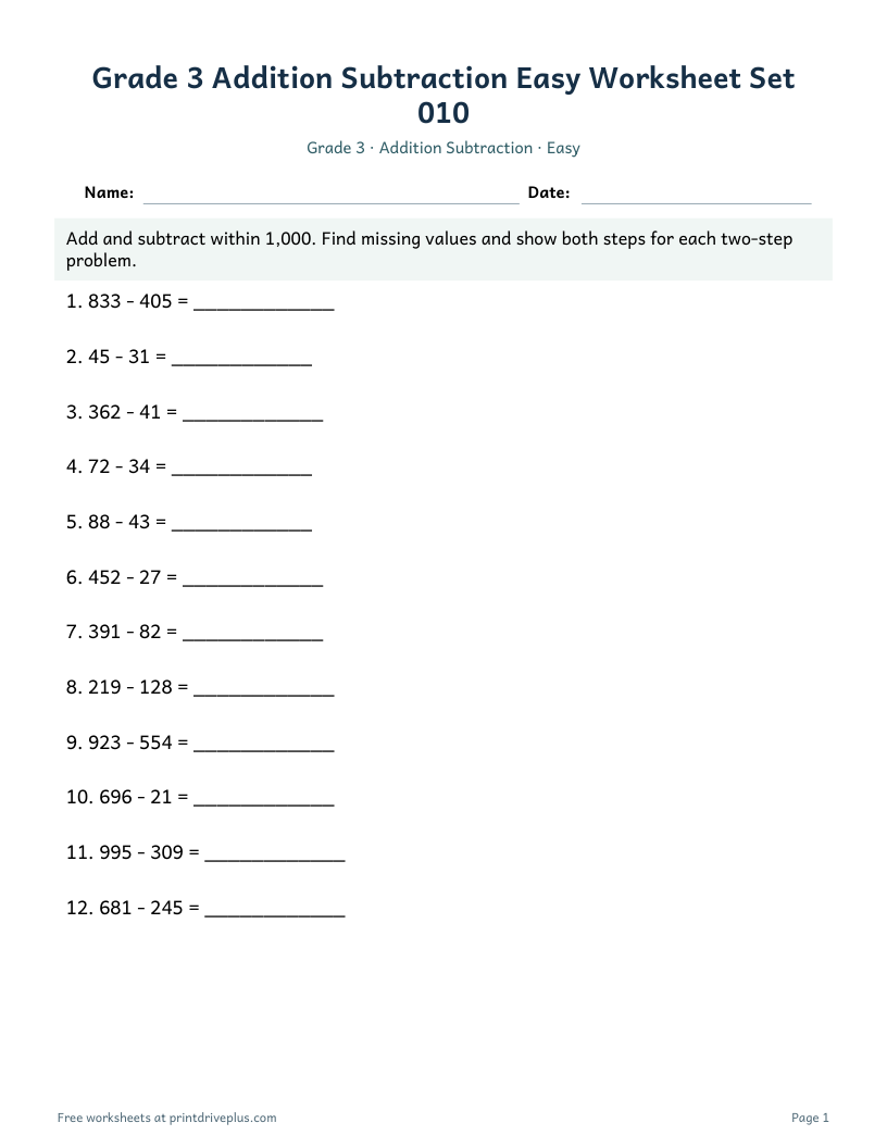Preview of Grade 3 Addition Subtraction Easy Worksheet Set 010