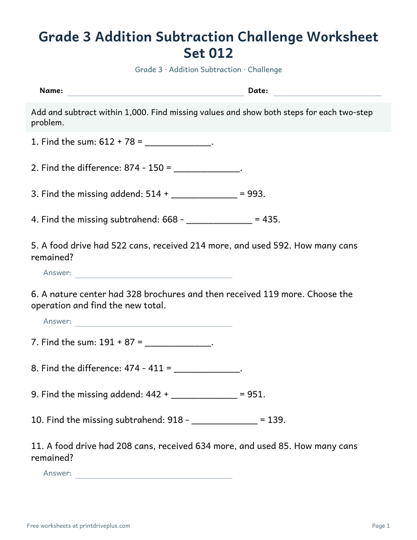 Preview of Grade 3 Addition Subtraction Challenge Worksheet Set 012