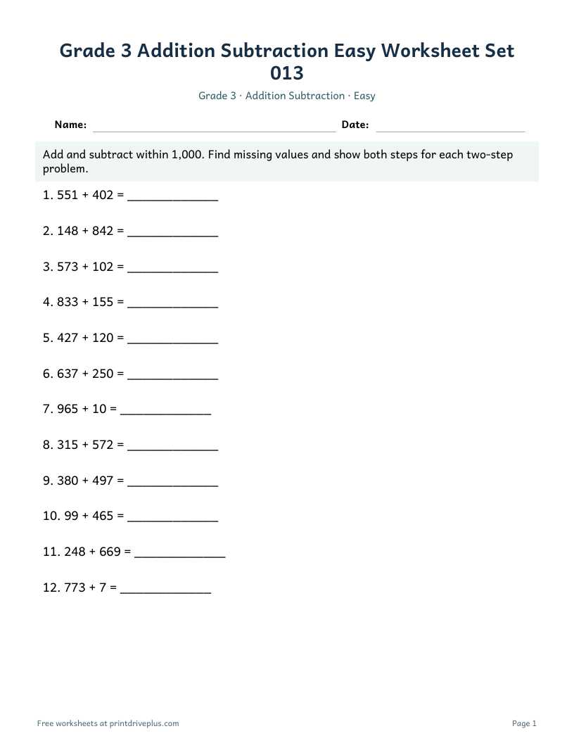 Preview of Grade 3 Addition Subtraction Easy Worksheet Set 013