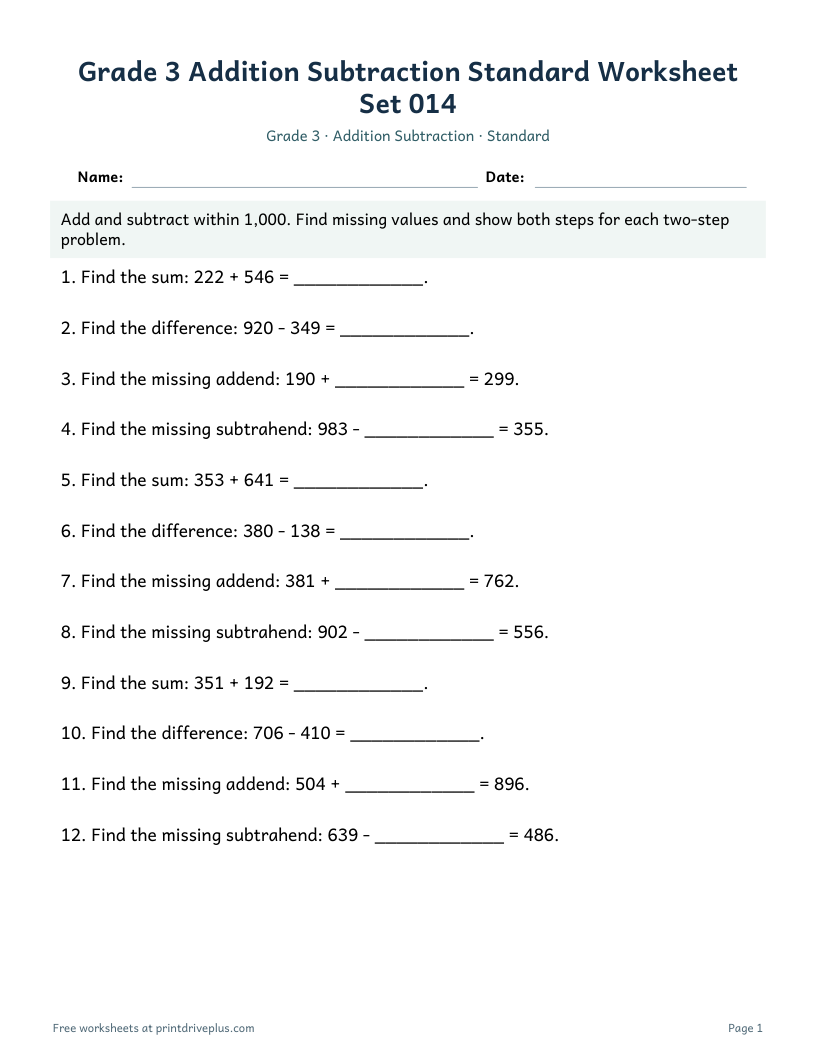 Preview of Grade 3 Addition Subtraction Standard Worksheet Set 014