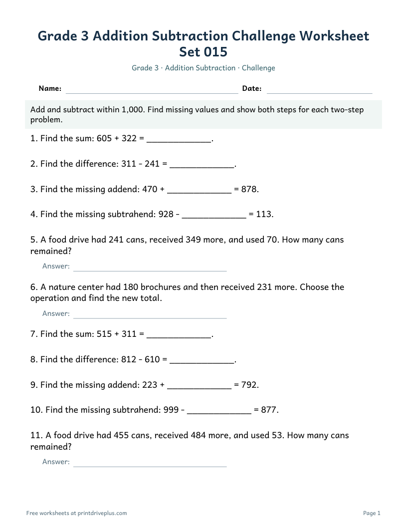 Preview of Grade 3 Addition Subtraction Challenge Worksheet Set 015