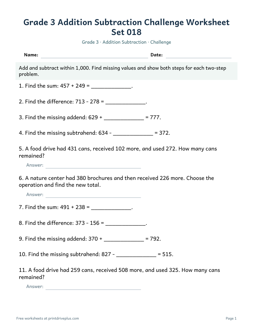 Preview of Grade 3 Addition Subtraction Challenge Worksheet Set 018