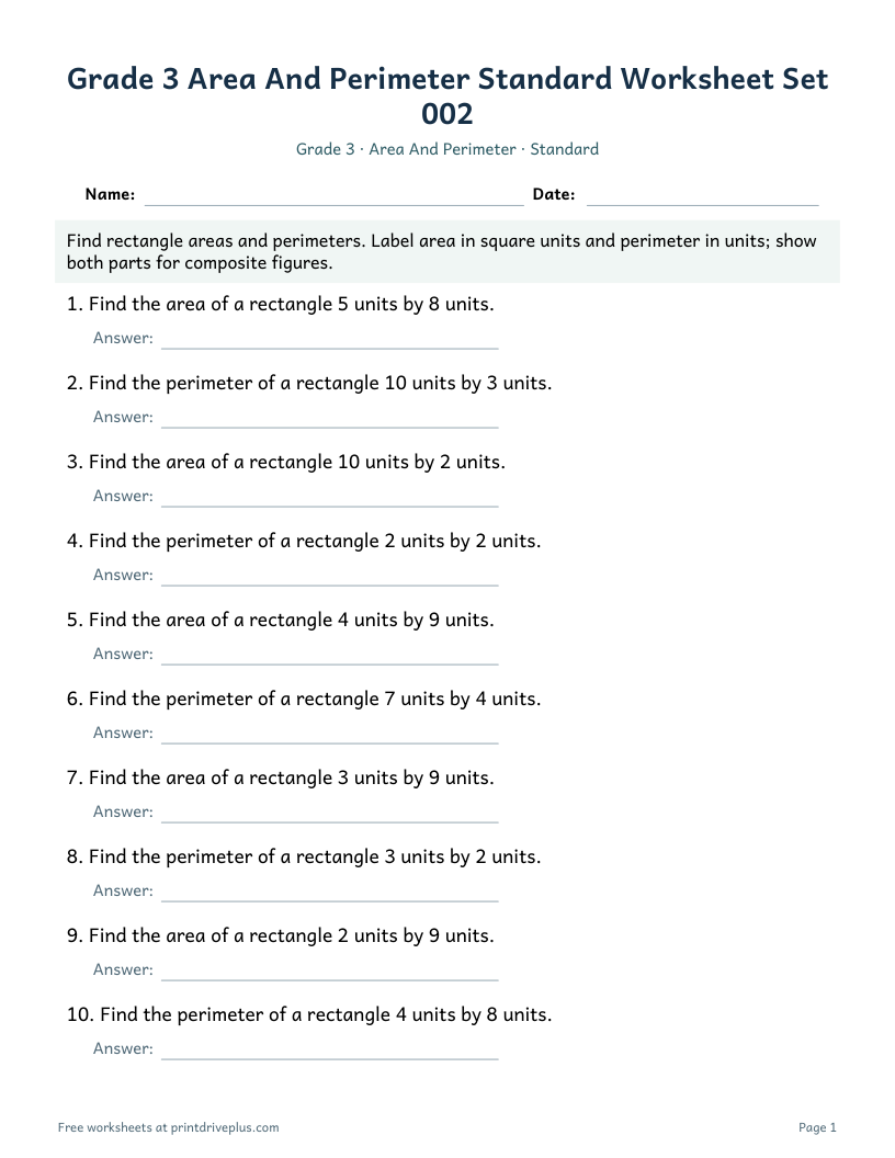Preview of Grade 3 Area And Perimeter Standard Worksheet Set 002