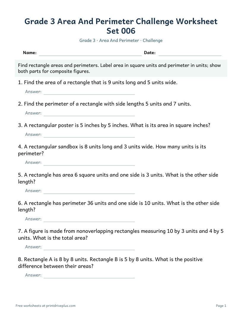 Preview of Grade 3 Area And Perimeter Challenge Worksheet Set 006