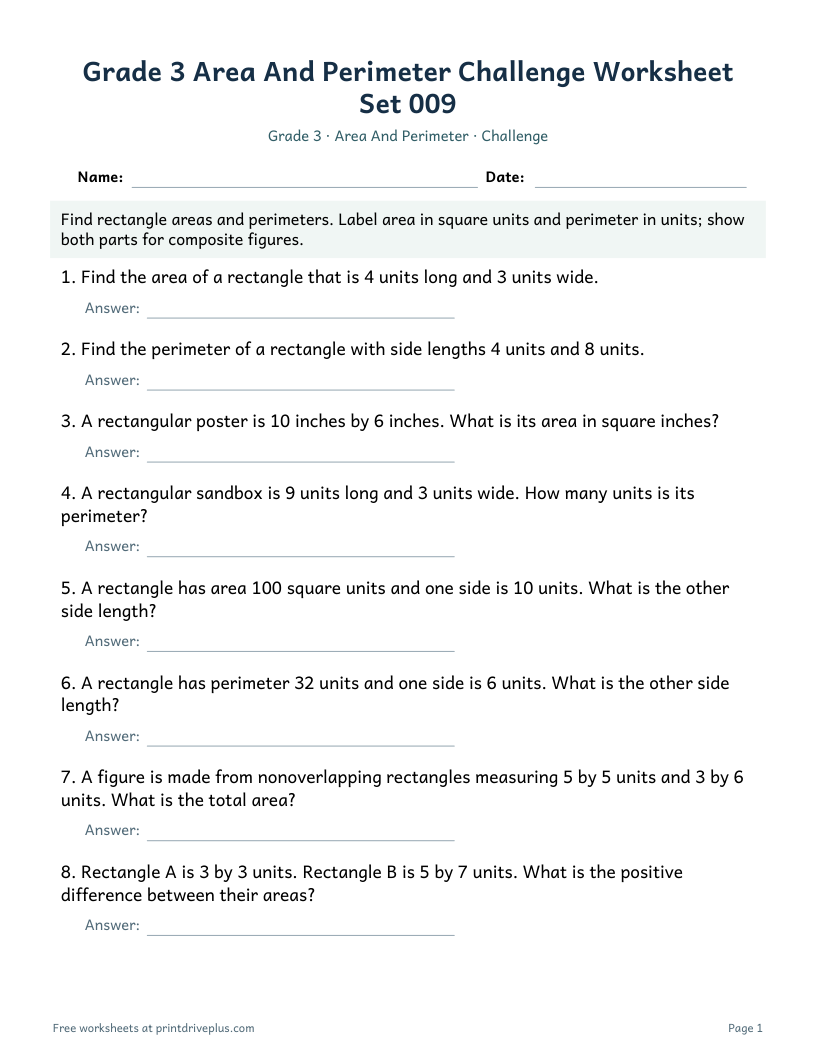 Preview of Grade 3 Area And Perimeter Challenge Worksheet Set 009