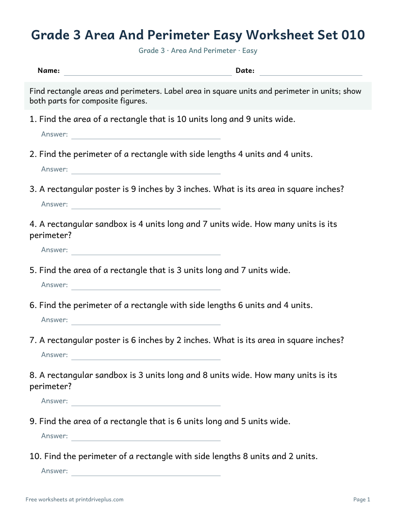 Preview of Grade 3 Area And Perimeter Easy Worksheet Set 010