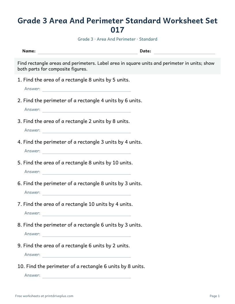 Preview of Grade 3 Area And Perimeter Standard Worksheet Set 017